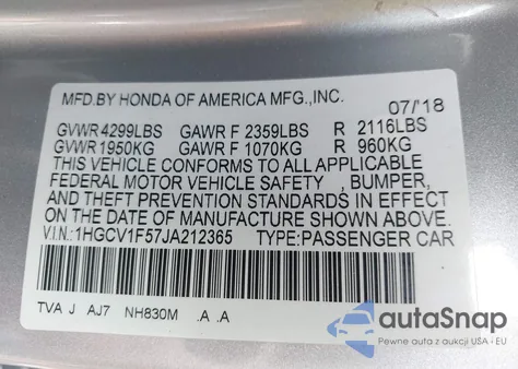 2018 Honda Accord Ex-L z USA, uszkodzony, nr VIN 1HGCV1F57JA212365